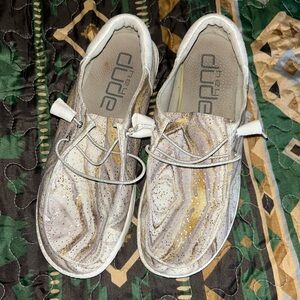 Women’s size 9 hey dudes, limited edition, gold tan cream color w/ gold sequence